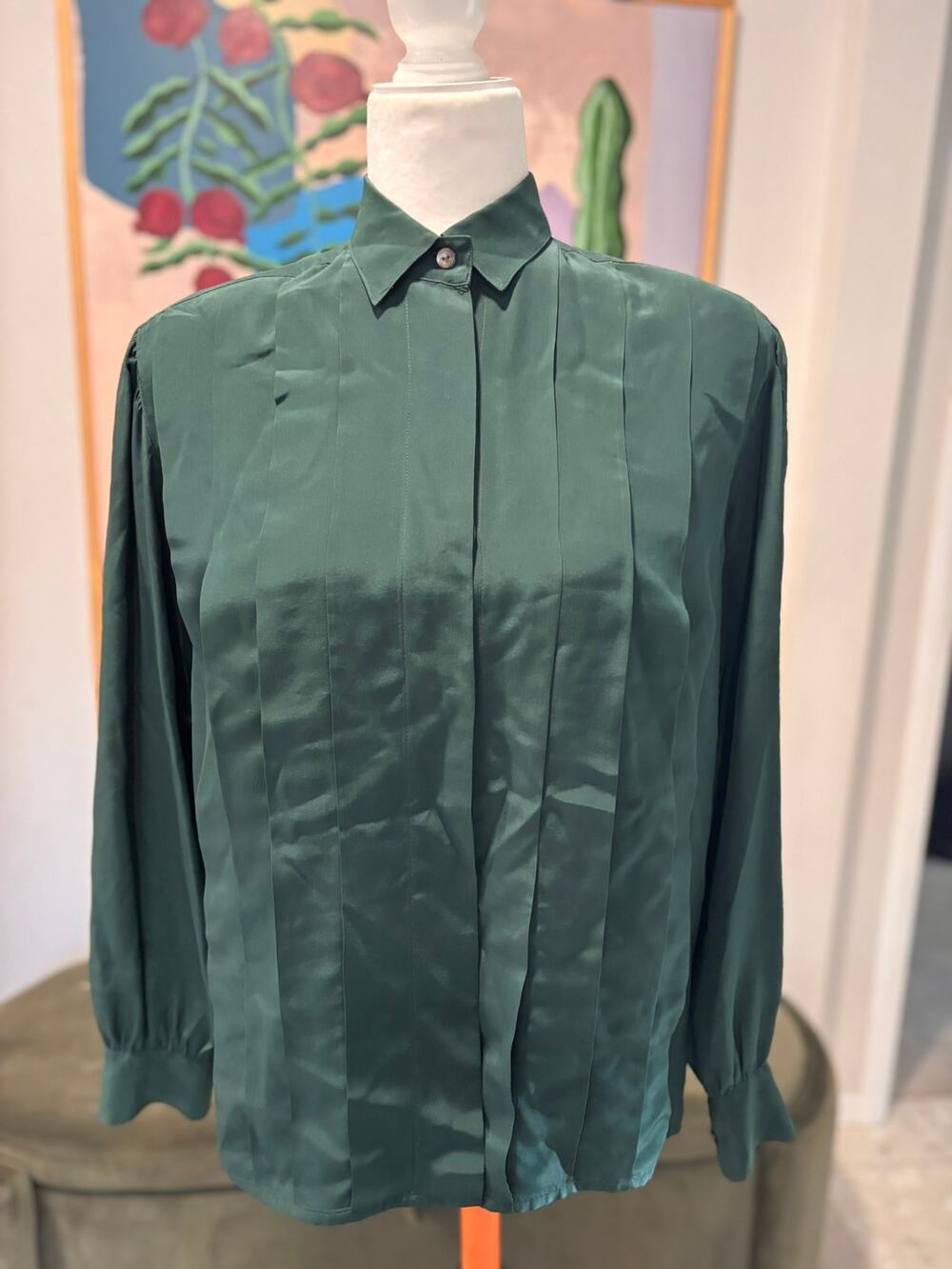 Vintage 100% Silk Ralph Lauren Forest Green Pintuck Pleated Blouse Size 8